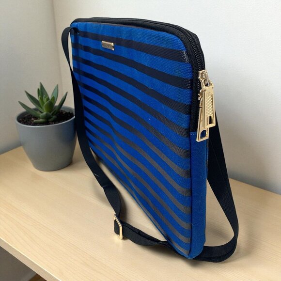 Rebecca Minkoff Blue & Black Striped Laptop Case With Shoulder Strap 14.5x11x1 - Picture 1 of 6